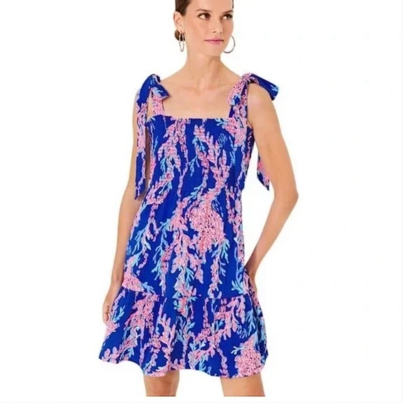 NWT LILLY PULITZER KAILUA SMOCKED DRESS BOREALIS  BLUE SWIM ON OVER L - Picture 1 of 6